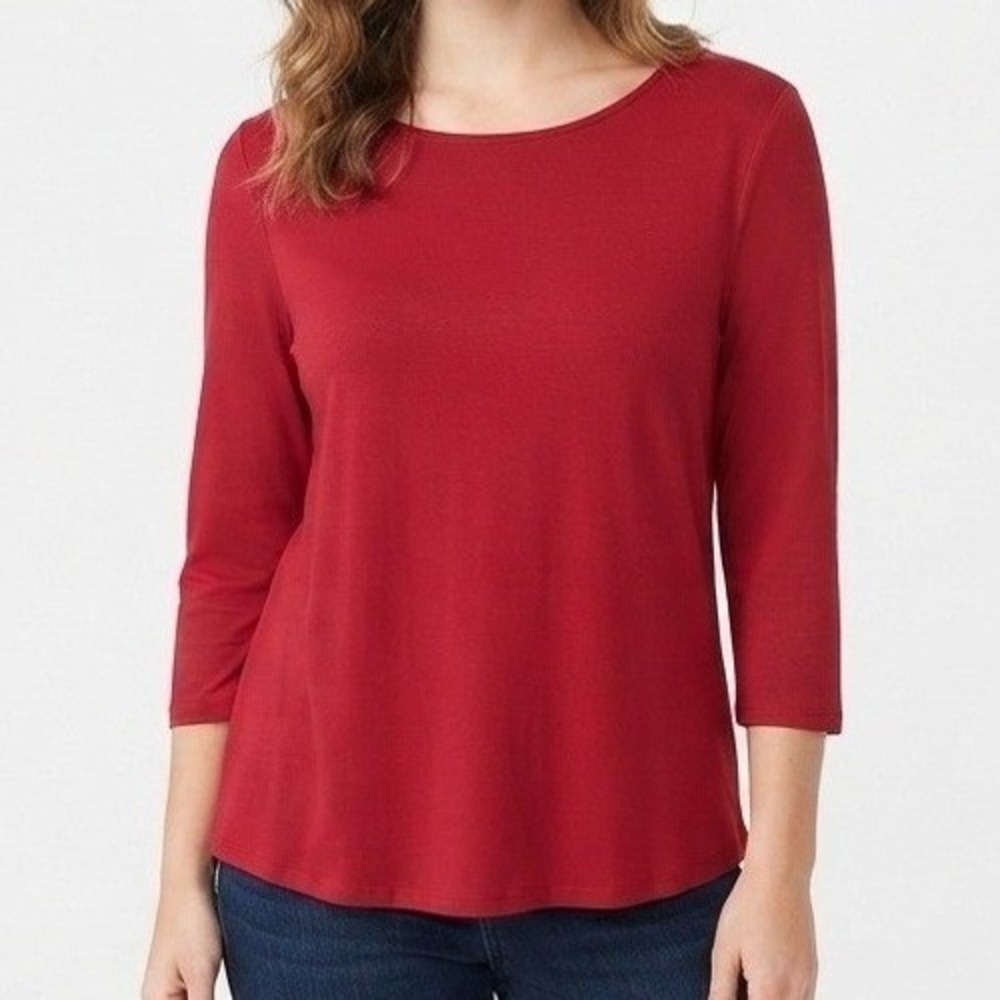 J. Jill Wearever Top Women Small Red 3/4 Sleeve‎ Pleated Back Knit Scoop Neck